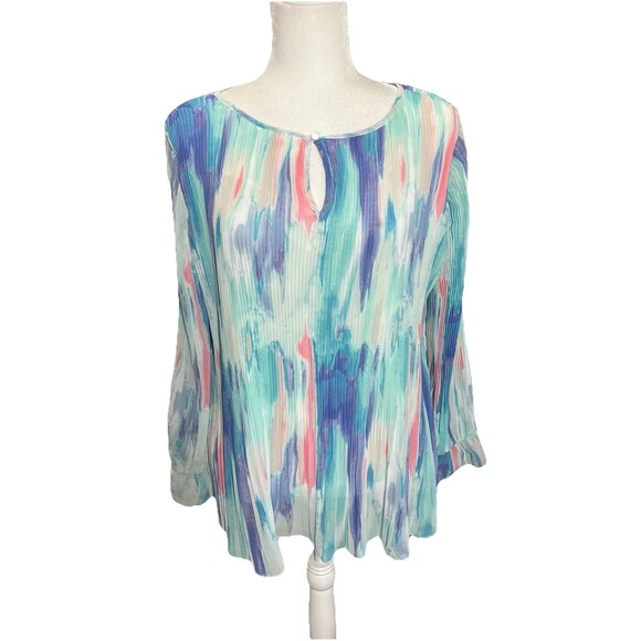 Draper & Damon’s Size Large Rainbow Pleated Long Sleeve Key Hole Blouse NWOT - Picture 1 of 5